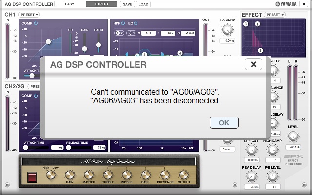 YAMAHA AG DSP Controllerで「Can’t communicated to ag06/ag03」が表示される場合の対処法